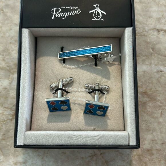 Original Penguin by Munsingwear Cuff Links Tie Pin Set Gift Box Casino Cards New - Picture 4 of 4